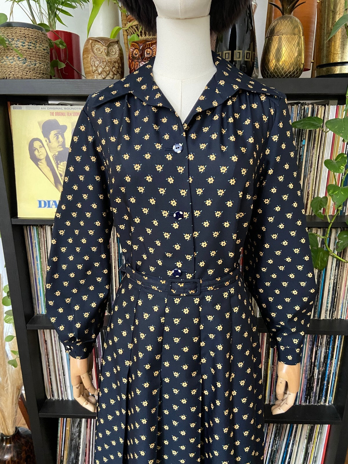Vintage 1970s Navy Dagger Collar Blouse & Skirt Set