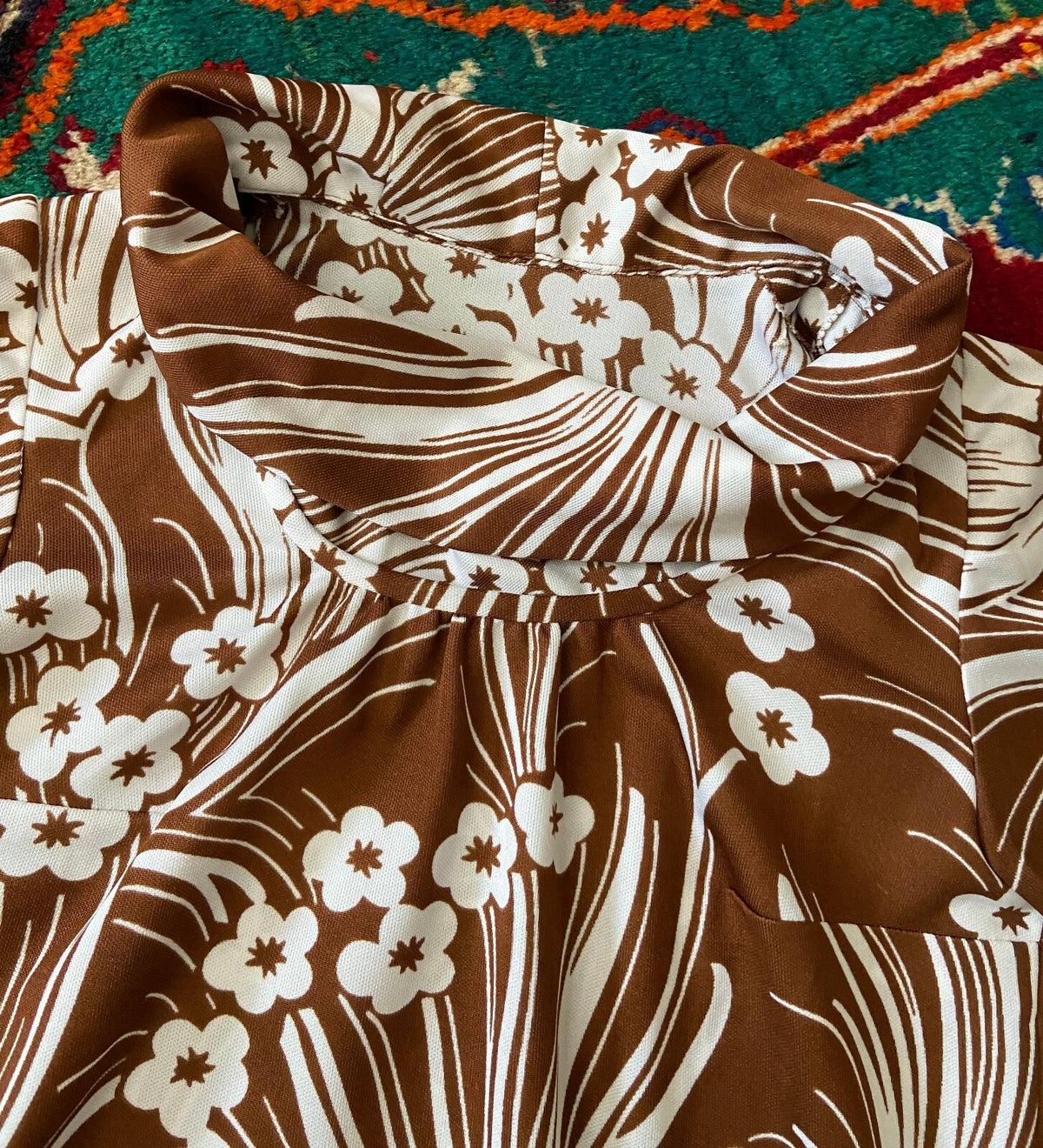 Vintage 1970s Brown & White Funnel Neck Dress