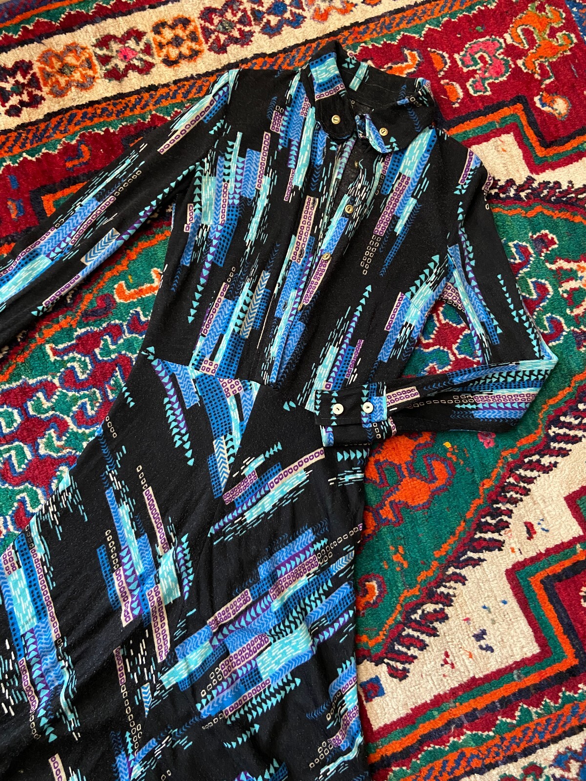 Vintage 1970s Black & Blue Printed Shirt Dress