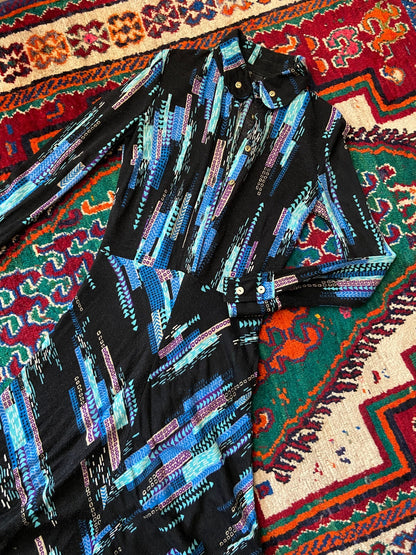 Vintage 1970s Black & Blue Printed Shirt Dress