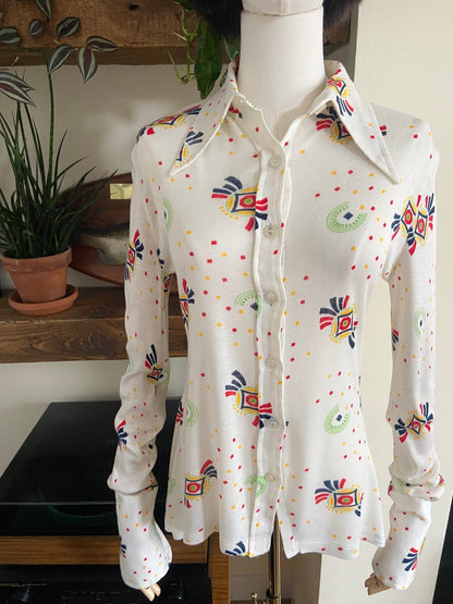Vintage 1970s Cream Knit Dagger Collar Shirt