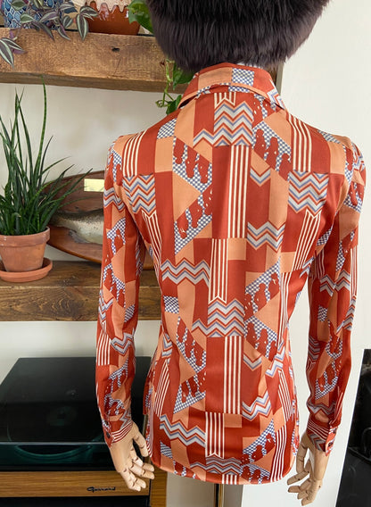 Vintage 1970s Brown Geometric Print Shirt
