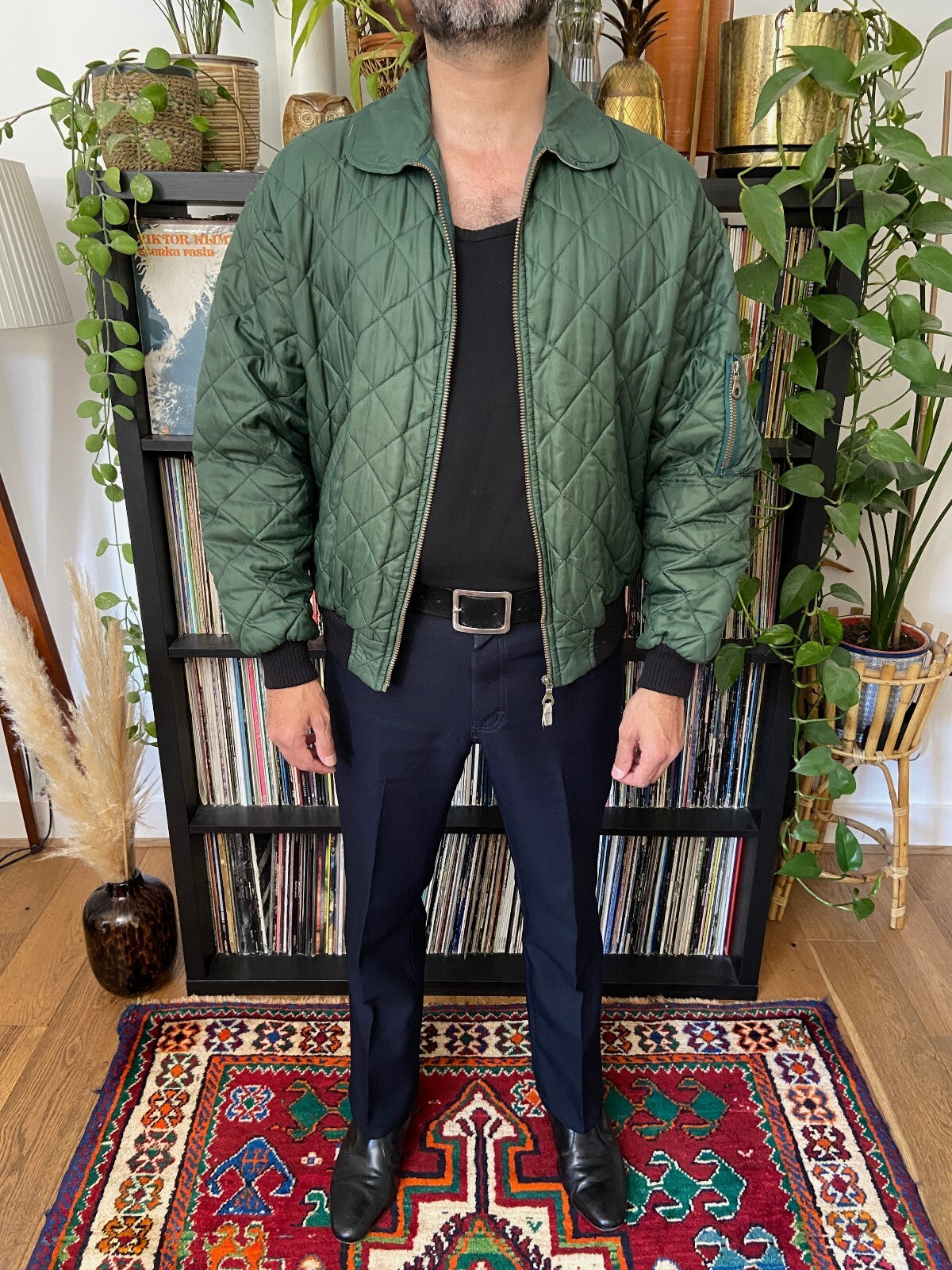 Vintage 1980s Forest Green Quilted Bomber Jacket