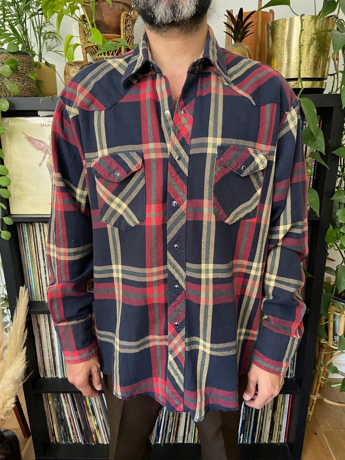 Vintage 90s Red & Navy Plaid Western Shirt