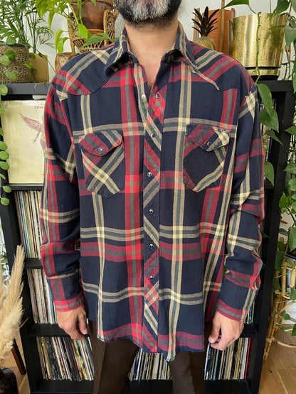 Vintage 90s Red & Navy Plaid Western Shirt