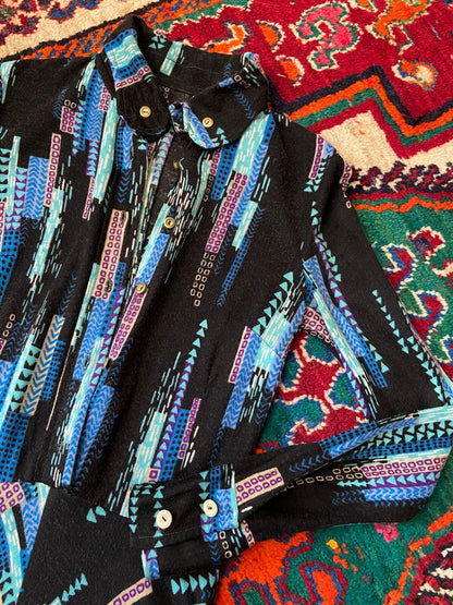Vintage 1970s Black & Blue Printed Shirt Dress