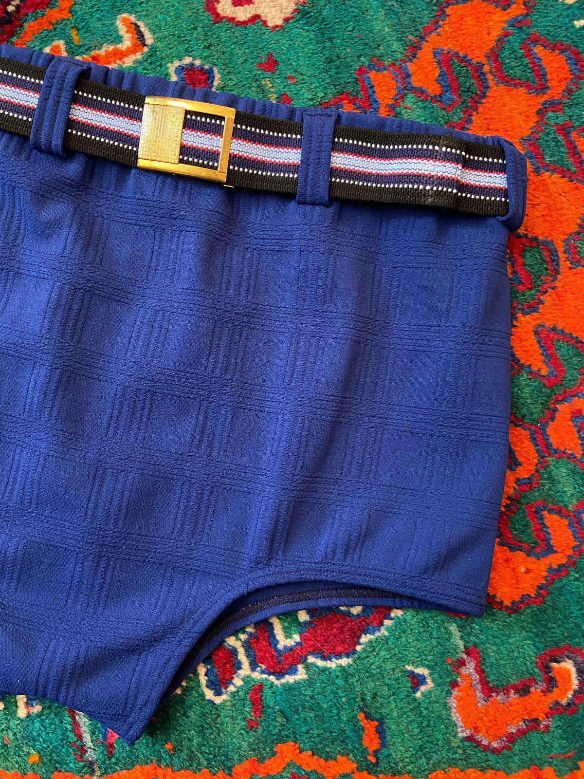 Vintage 1970s Navy Blue Belted Swim Shorts