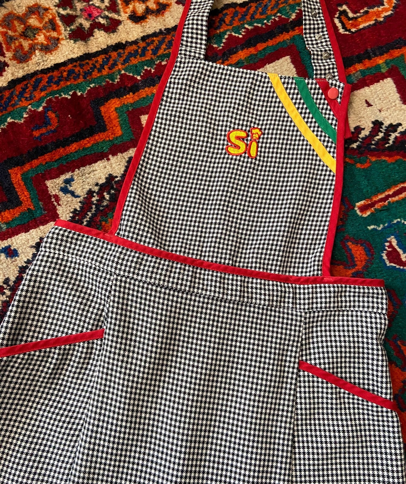 Vintage 1970s Black & White Houndstooth Apron Dress