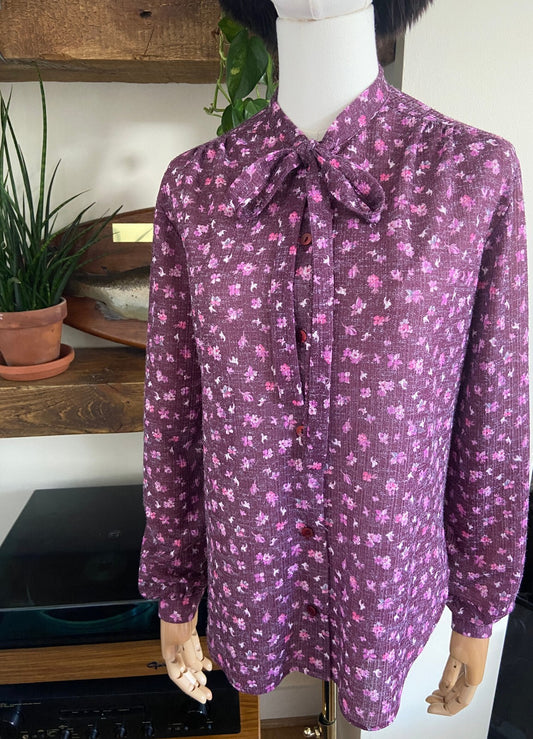 Vintage 1970s Purple Pussybow Blouse