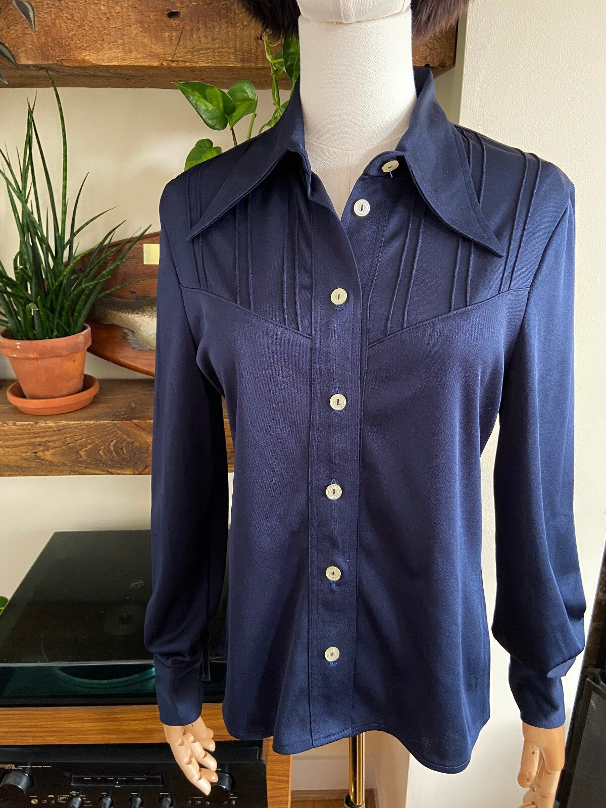 Vintage 1970s Navy Dagger Collar Shirt