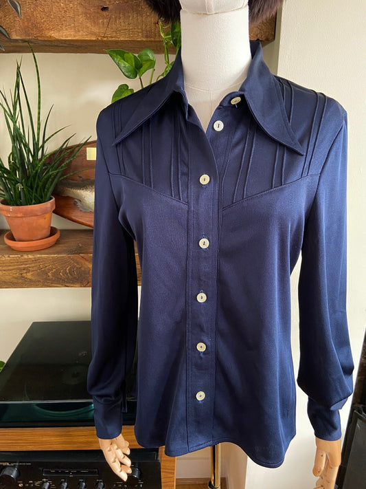 Vintage 1970s Navy Dagger Collar Shirt