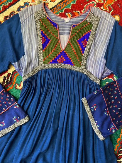 Vintage 1970s Blue & Green Bib Afghan Dress