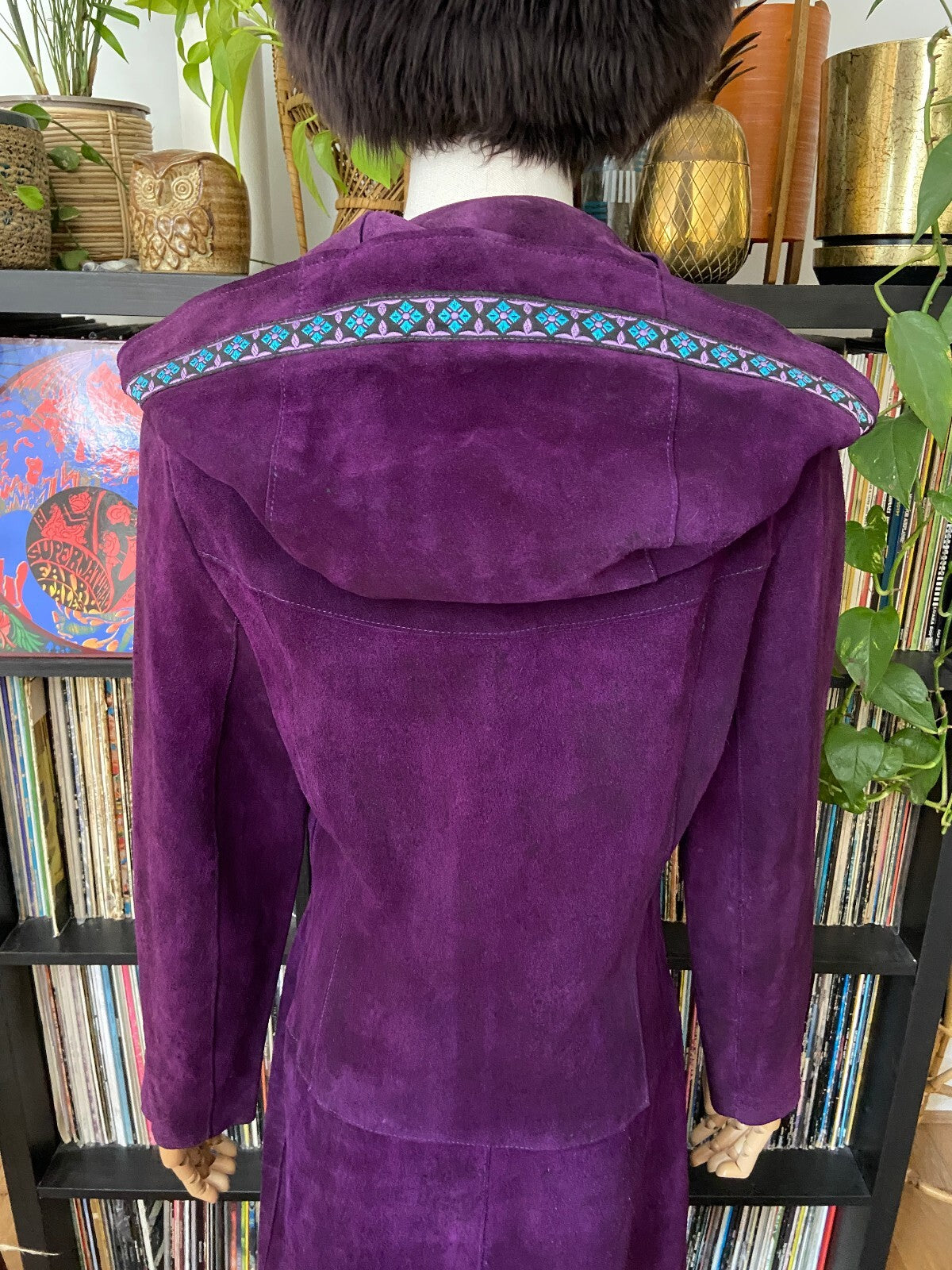 Vintage 1970s Purple Hooded Embroidered Trim Penny Lane Coat