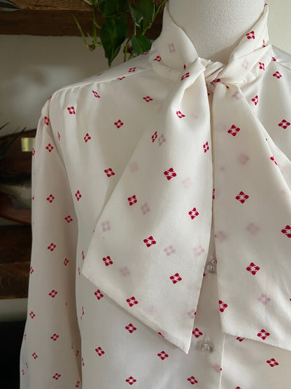 Vintage 1970s Cream & Red Pussybow Blouse