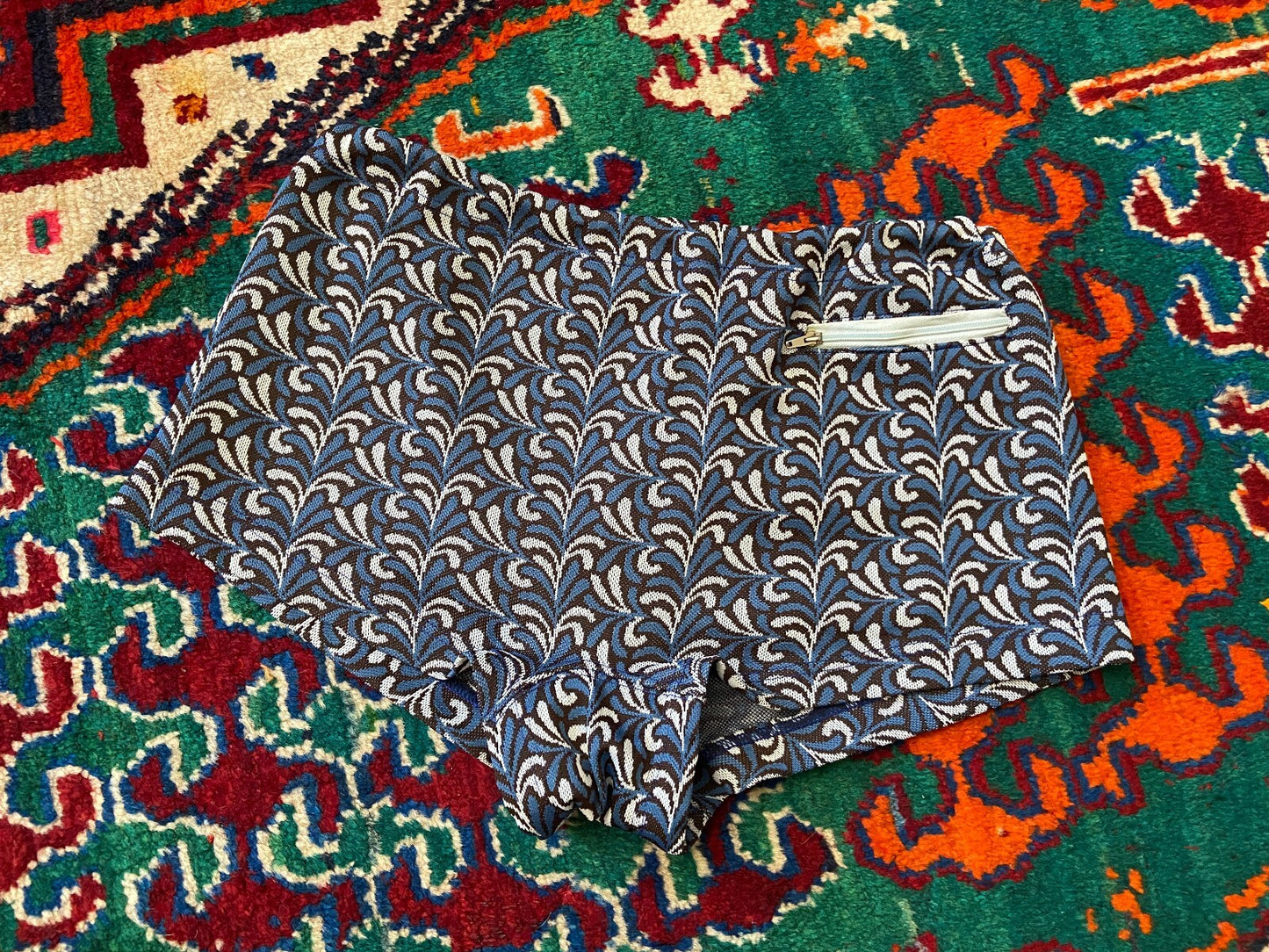 Vintage 1970s Blue & Brown Patterned Swim Shorts