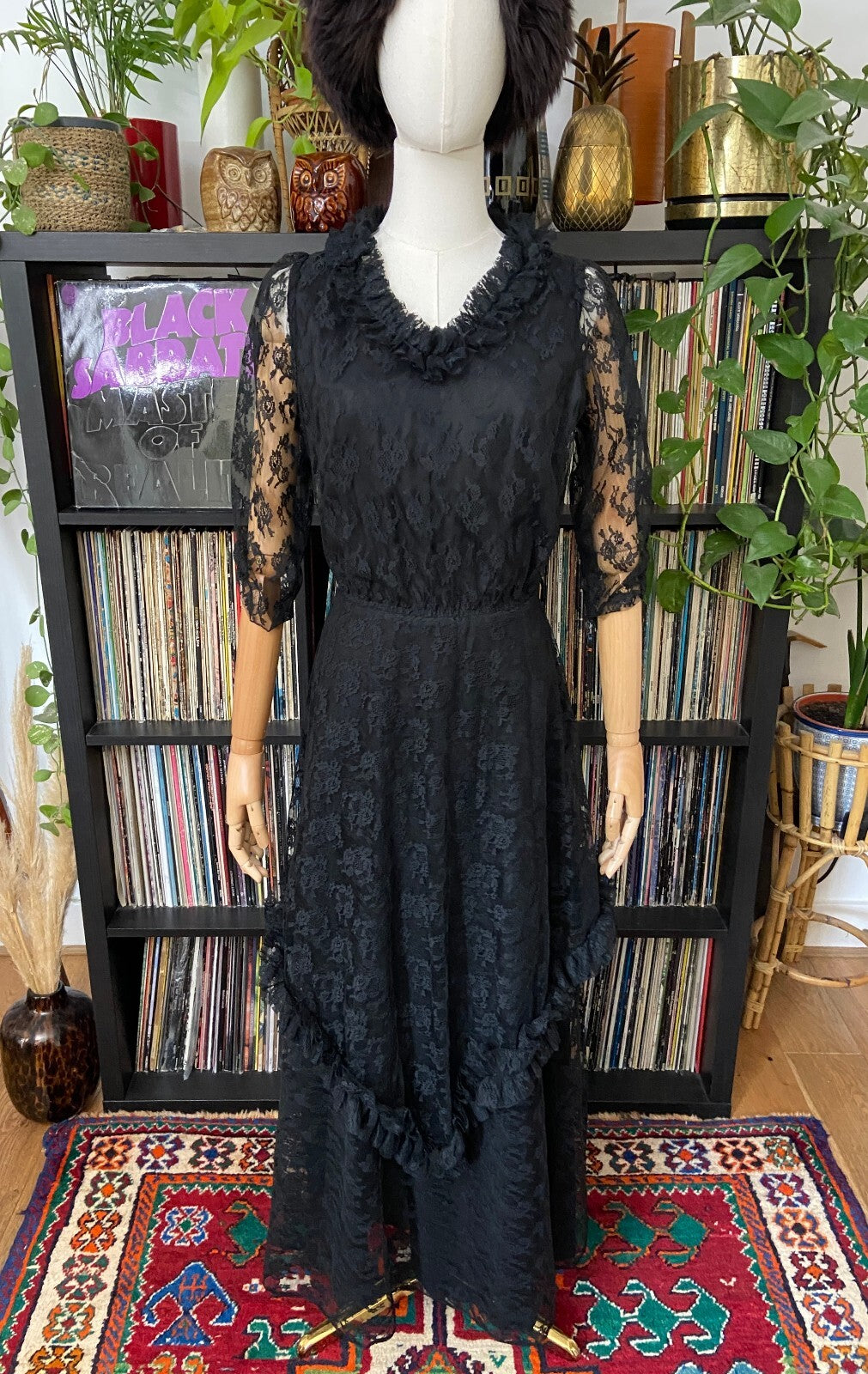 Vintage 1970s Black Lace Gothic Victorian Dress