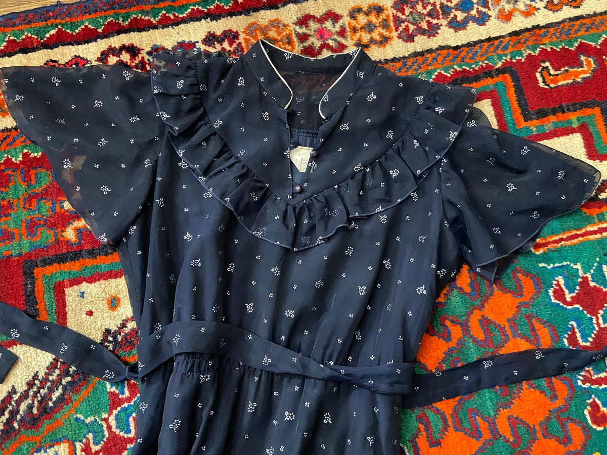 Vintage 1970s Navy & Silver Maxi Prairie Dress