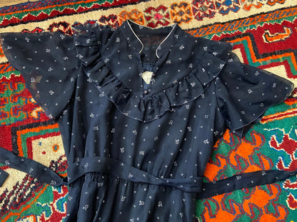 Vintage 1970s Navy & Silver Maxi Prairie Dress