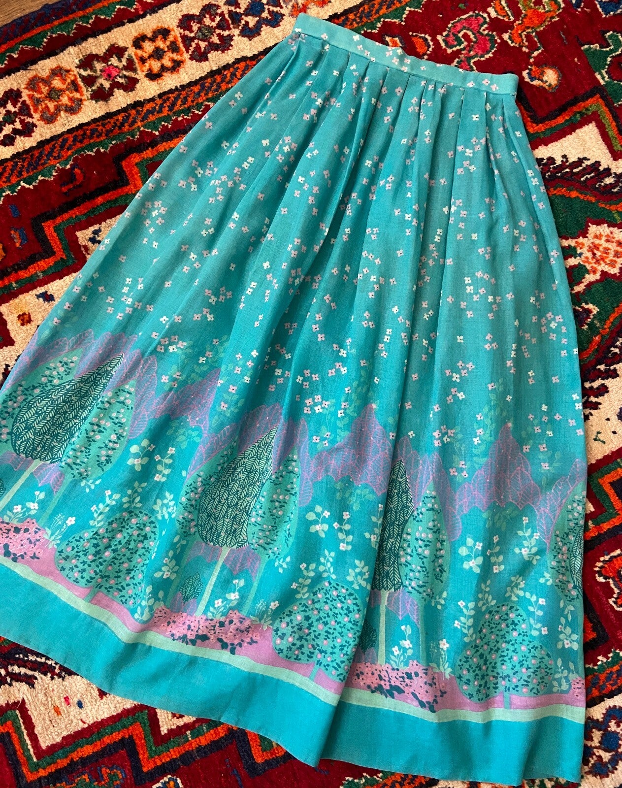 Vintage 1970s Turquoise Landscape Print Skirt