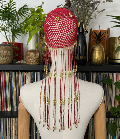 Vintage Red & Gold Crochet Tassel Cap