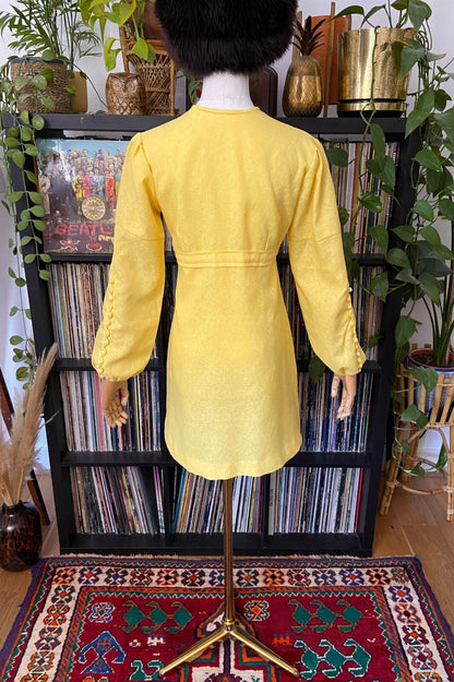 Vintage 1960s Yellow Button Detail Mini Dress