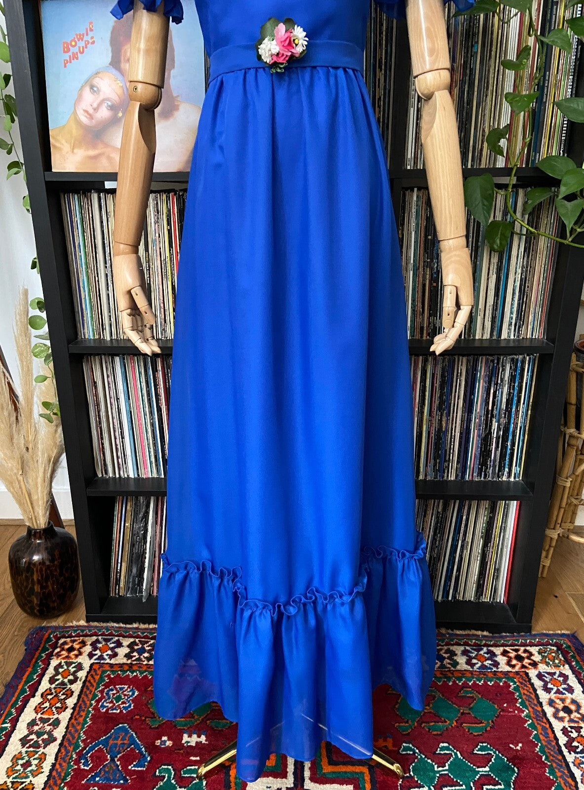 Vintage 1970s Blue Flower Sash Prairie Dress