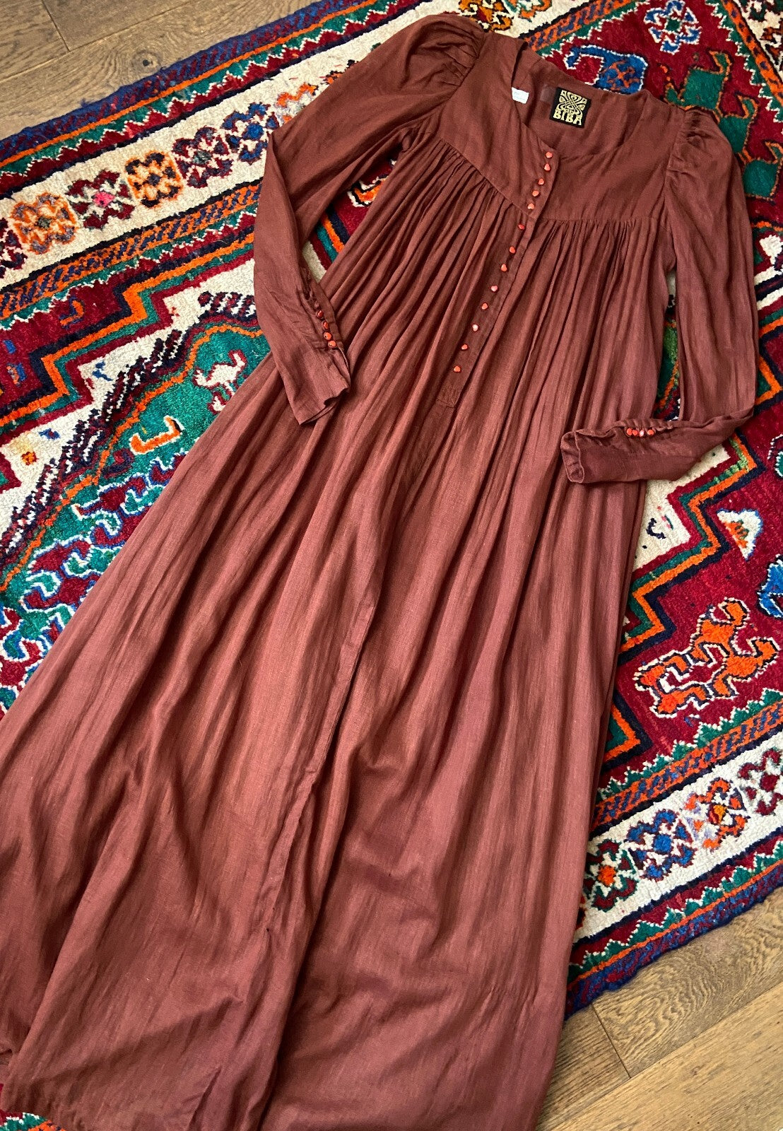 Vintage 1970s Rust Biba Cotton Gauze Smock Dress