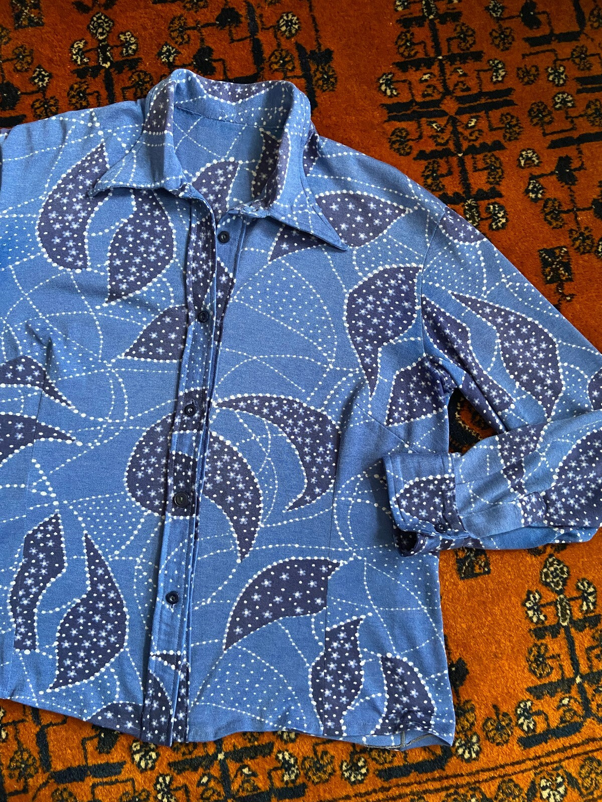Vintage 1970s Blue Knit Dagger Collar Shirt