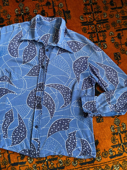 Vintage 1970s Blue Knit Dagger Collar Shirt