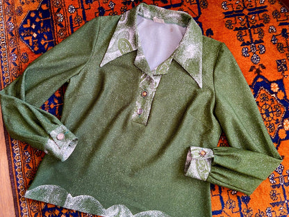 Vintage 1970s Green Dagger Collar Top
