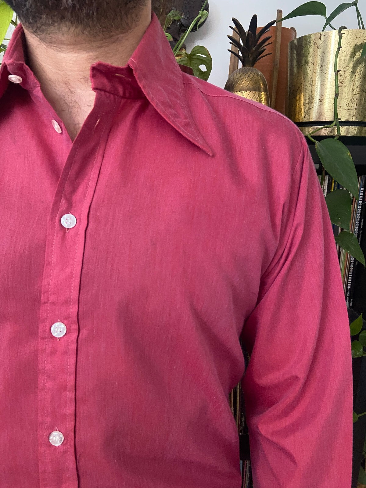 Vintage 1970s Cerise Pink Dagger Collar Shirt
