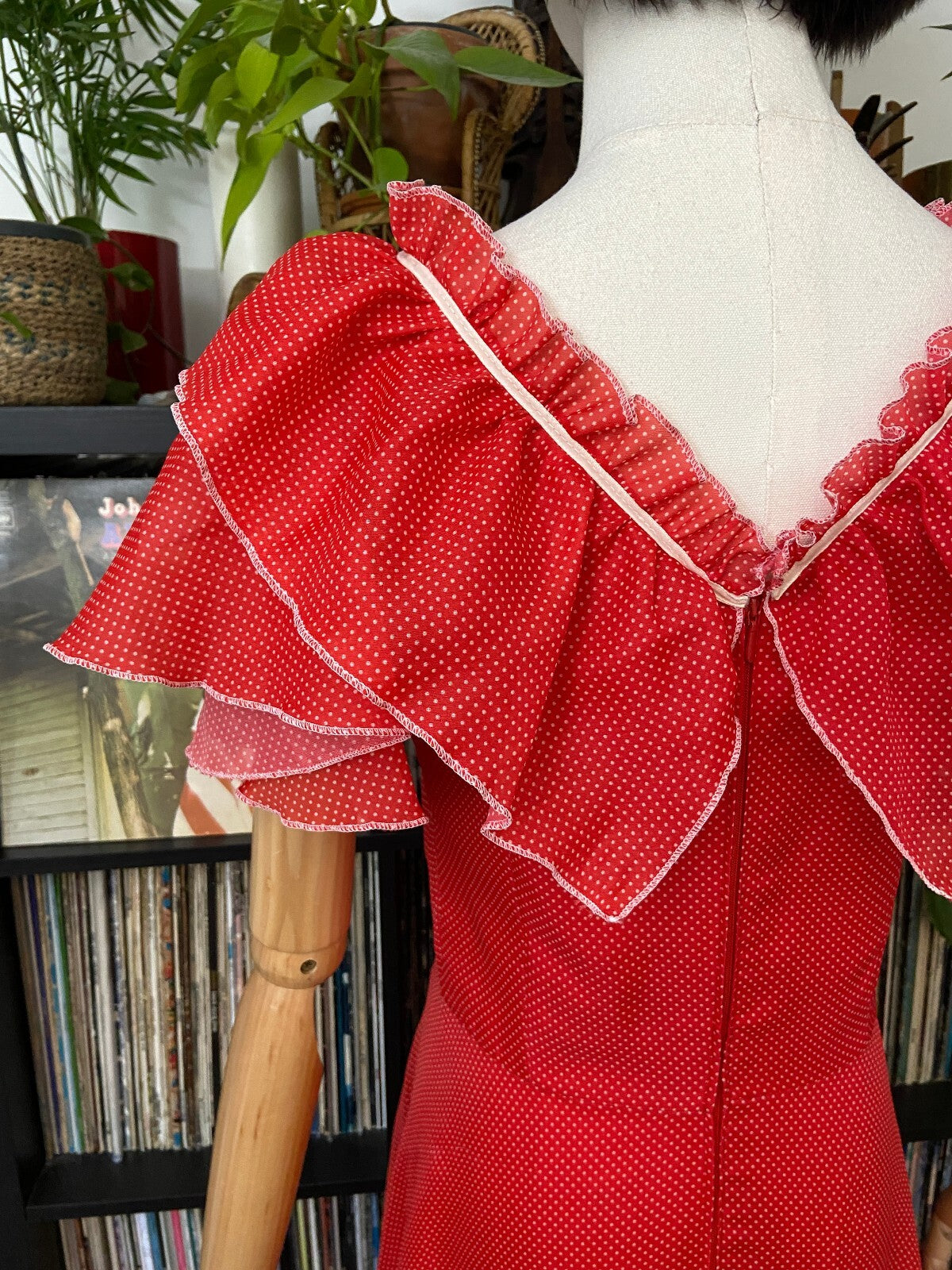 Vintage 1970s Red Spot V-Neck Maxi Dress