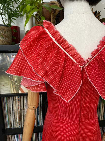 Vintage 1970s Red Spot V-Neck Maxi Dress