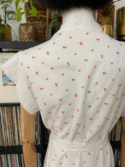 Vintage 1970s White Cherry Print Wrap Dress