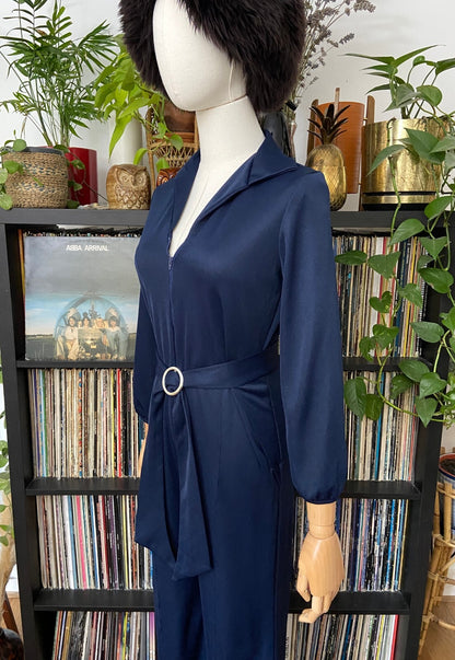 Vintage 1970s Navy Zip Up Belted Disco Jumpsuit