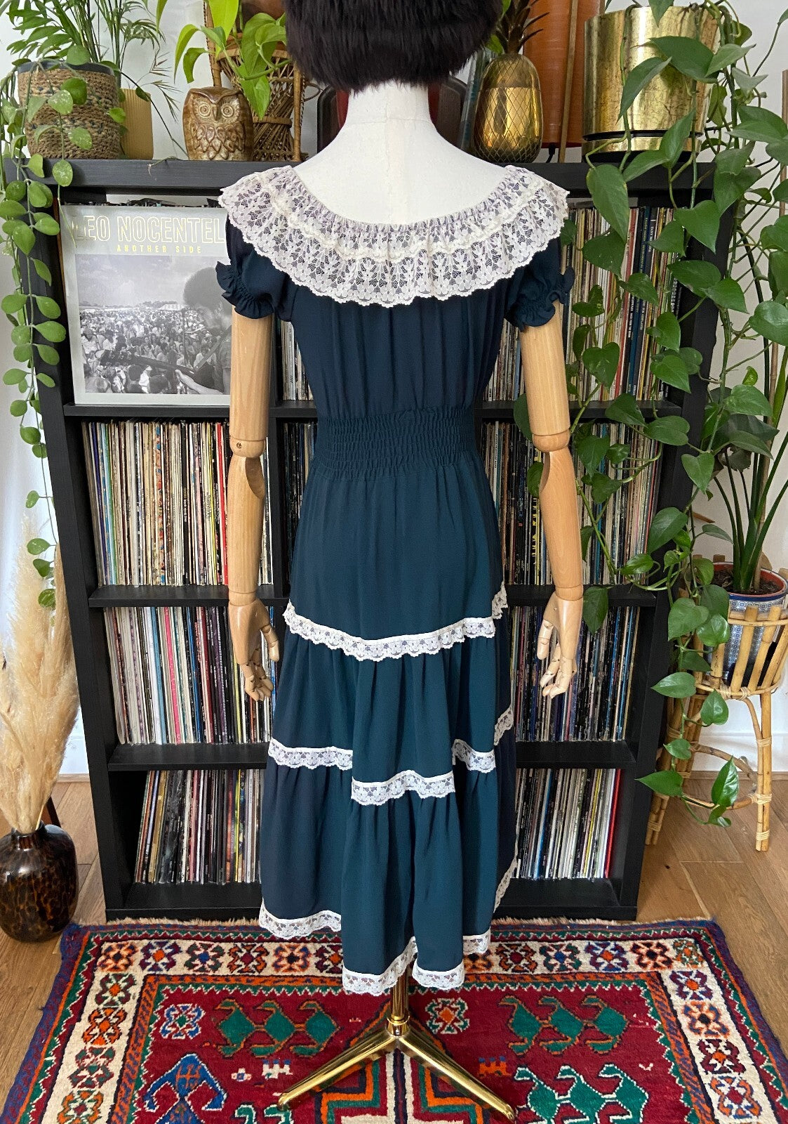Vintage 1970s Dark Green Lace Trim Prairie Dress