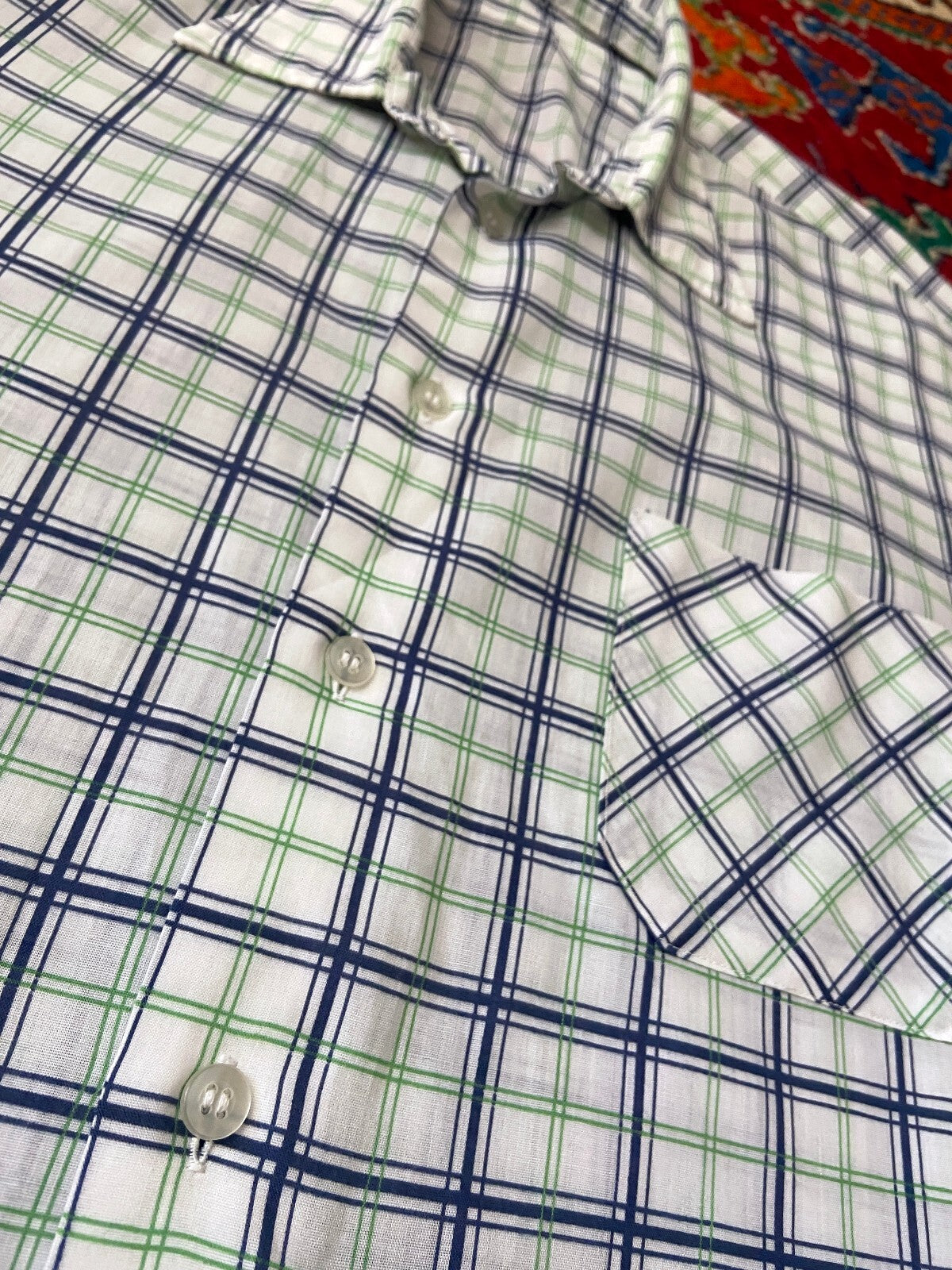 Vintage 1970s White, Green & Navy Checked Shirt