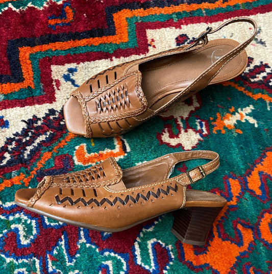Vintage 1980s Brown Woven Slingback Sandals UK 5