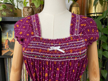 Vintage 1970s Purple Print Peasant Dress