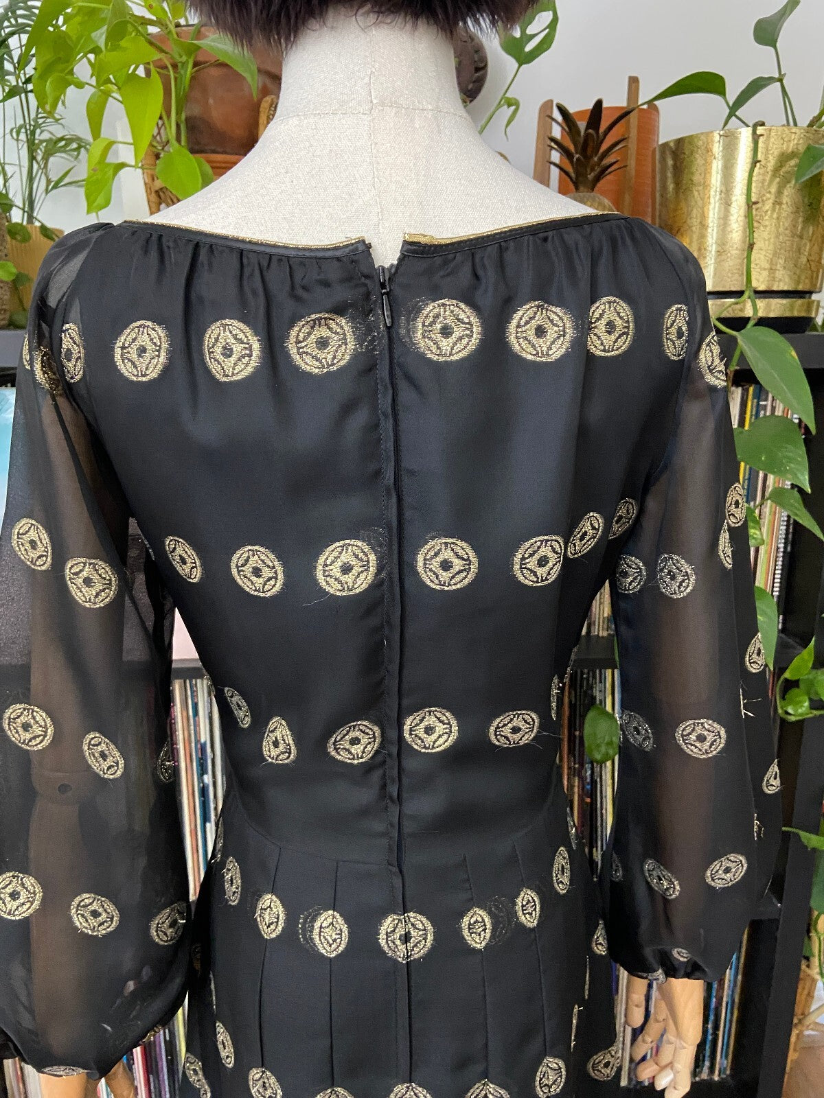 Vintage 1970s Black & Gold Pleated Maxi Dress