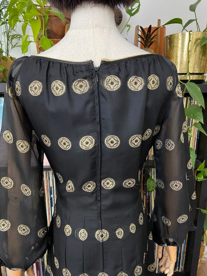 Vintage 1970s Black & Gold Pleated Maxi Dress