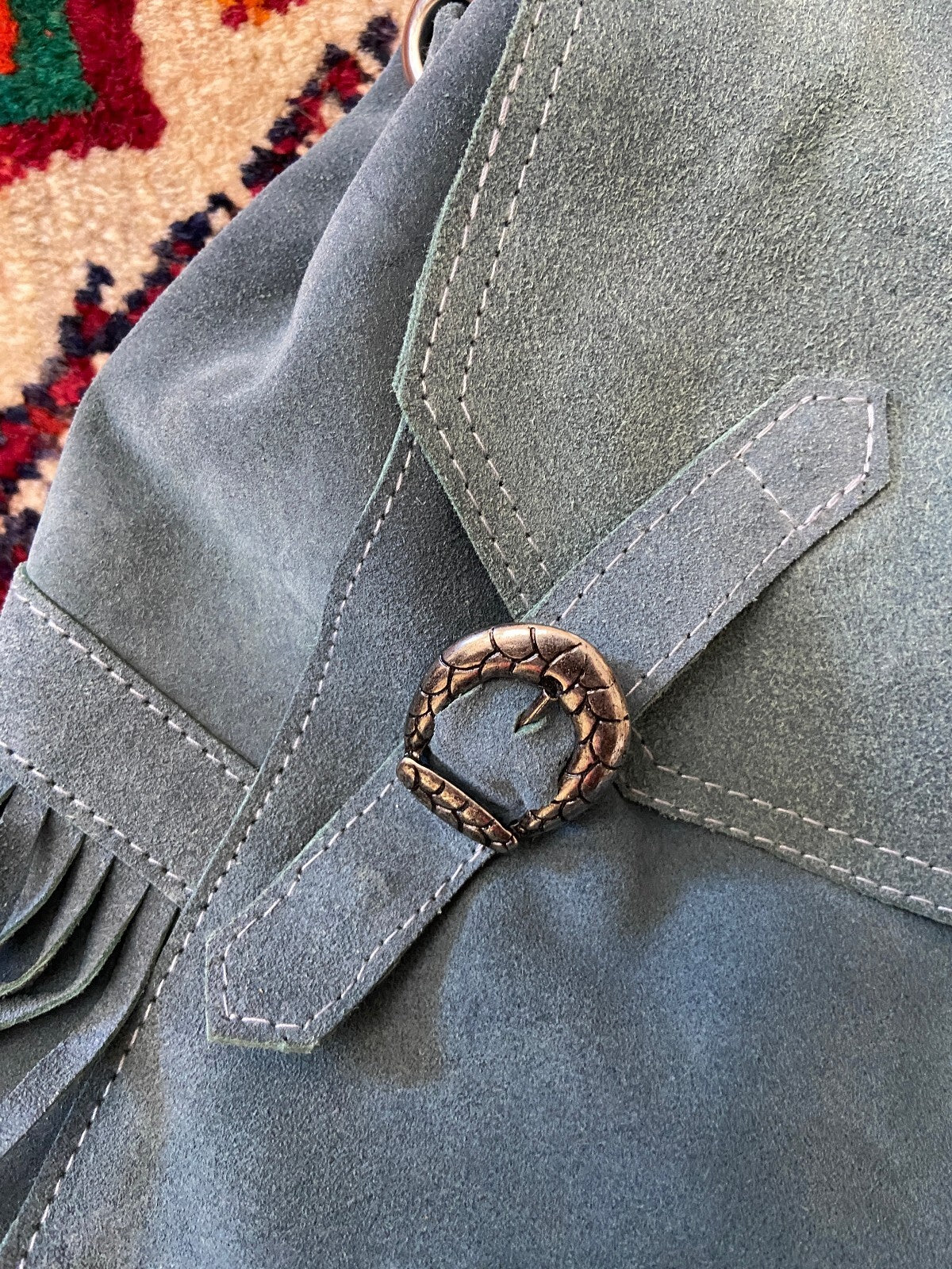 Sabrina Tach Dusty Blue Suede Fringed Backpack