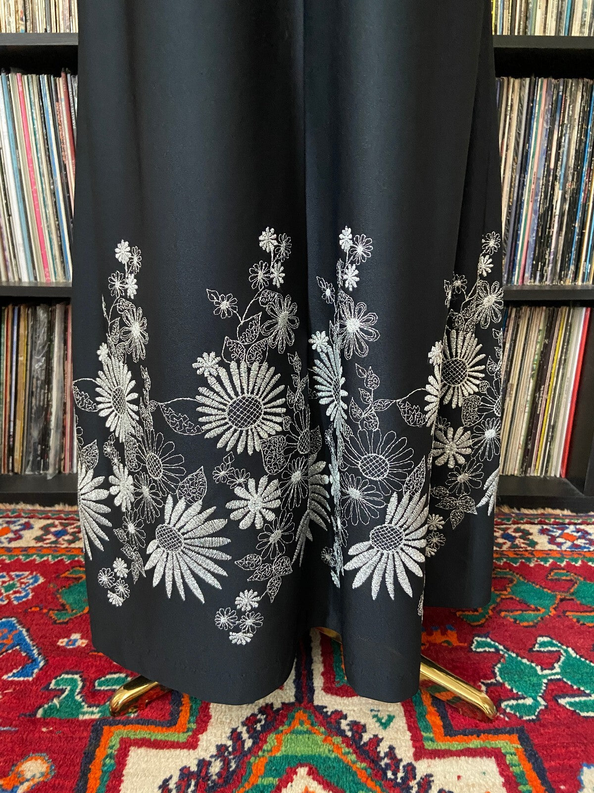 Vintage 1970s Black & Silver Embroidered Dagger Collar Dress