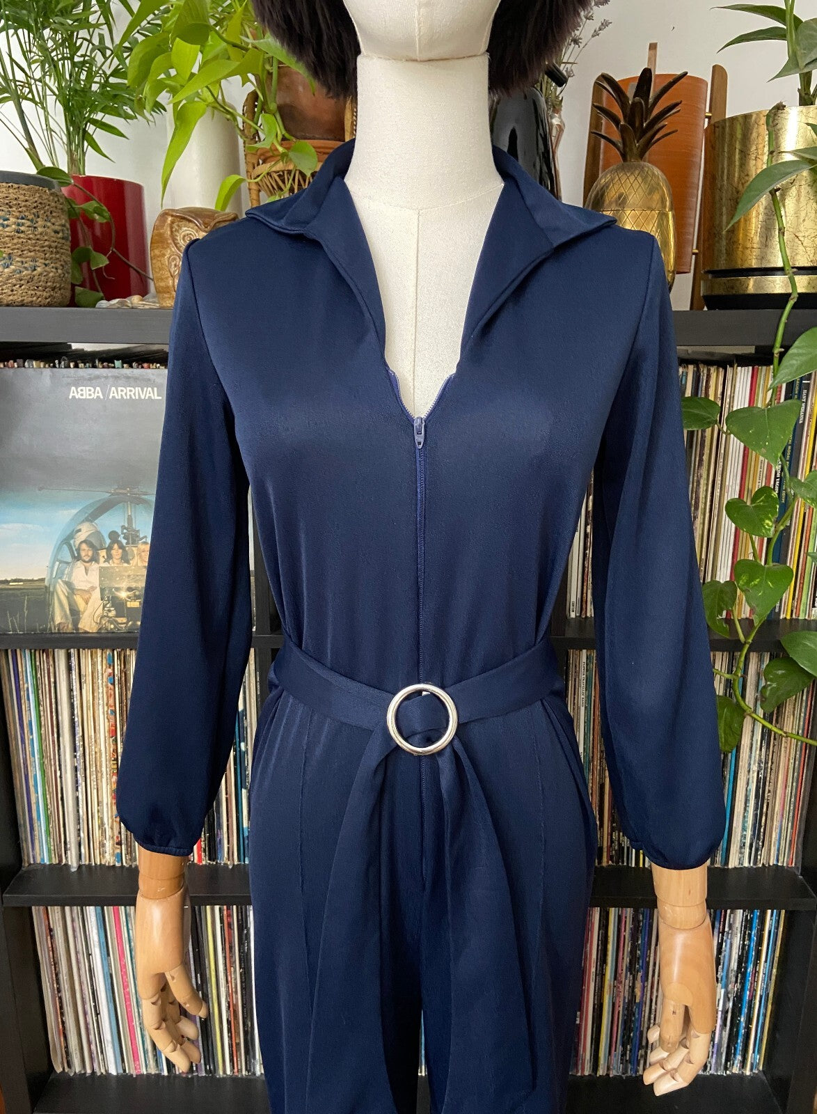 Vintage 1970s Navy Zip Up Belted Disco Jumpsuit