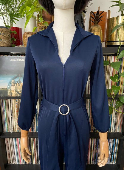 Vintage 1970s Navy Zip Up Belted Disco Jumpsuit