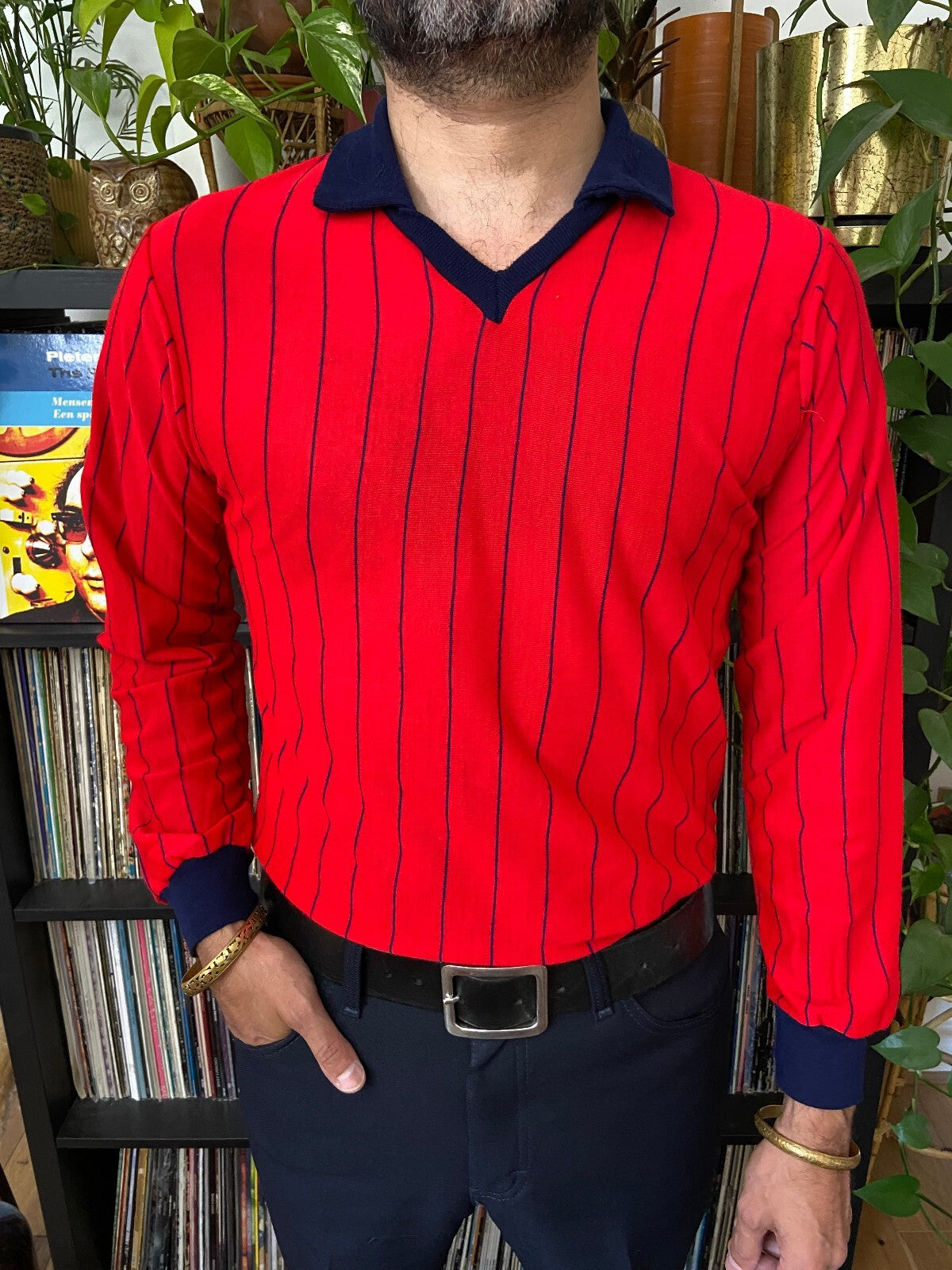 Vintage 1970s Red & Navy Striped Football Top