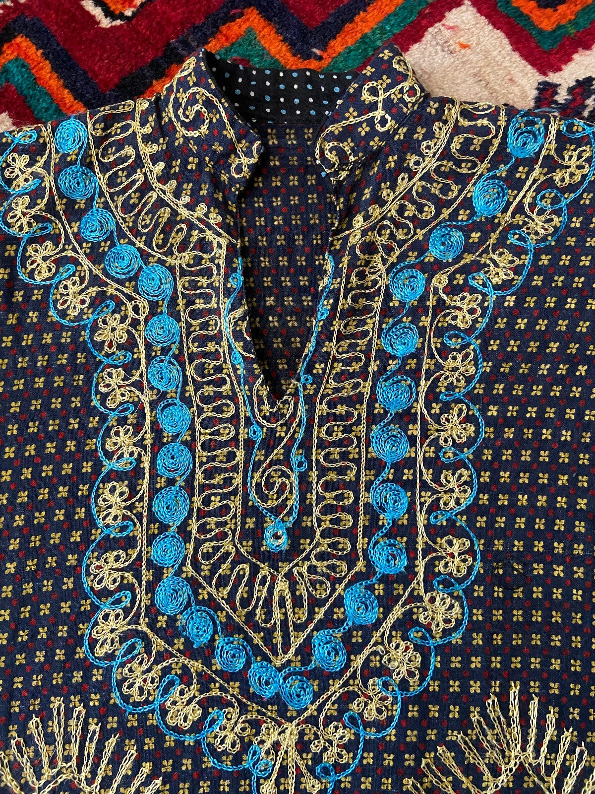 Vintage 1970s Navy Embroidered Tunic Top