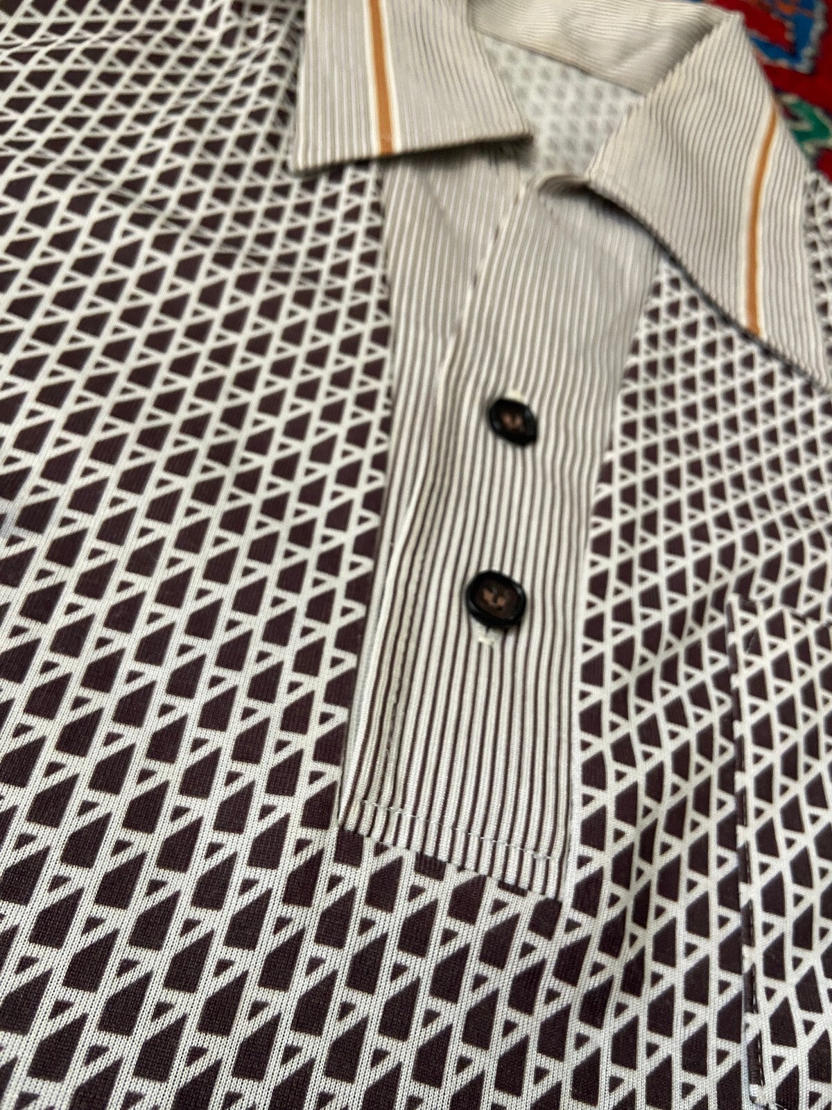 Vintage 1970s Brown Japanese Patterned Jersey Top