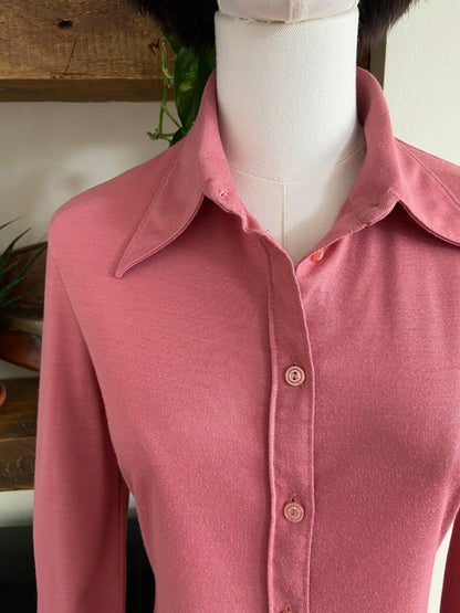Vintage 1970s Pink Knit Dagger Collar Shirt