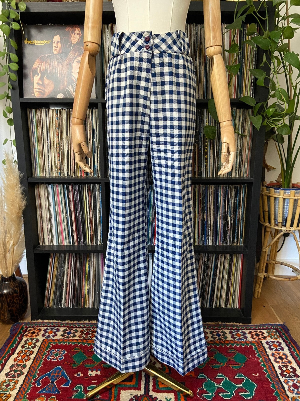 Vintage 1970s Navy & White Check Bellbottom Trousers W32